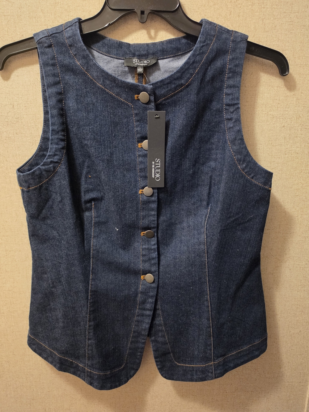 Studio Dark Blue Denim Button-Front Sleeveless Vest
